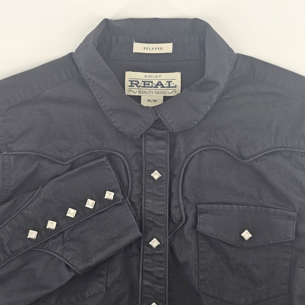 Ariat REAL Western Snap Shirt Womens Medium Black Studded Relaxed Long Sleeve
